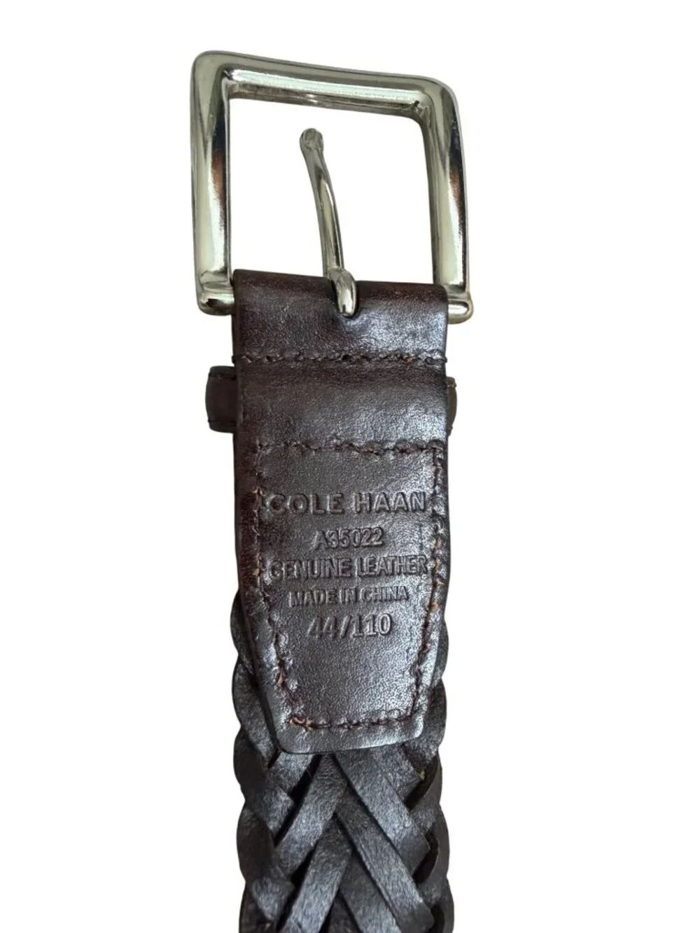 COLE HAAN Men’s Deep Brown Leather Woven Belt Size 44